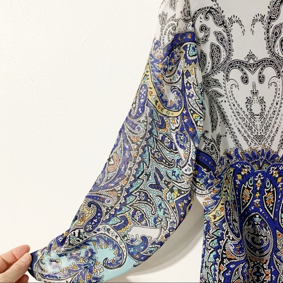 Milano Paisley Print Scoop Neck Peasant Blouse Adjustable Sleeves Gathering - Picture 6 of 7